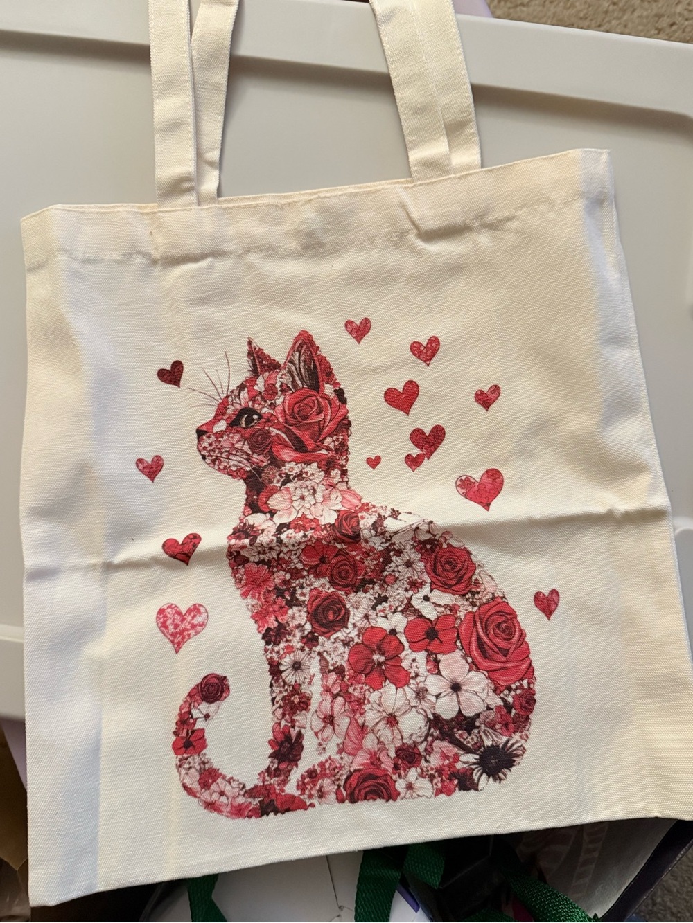 Cream Canvas Tote with Red Floral Cat Design